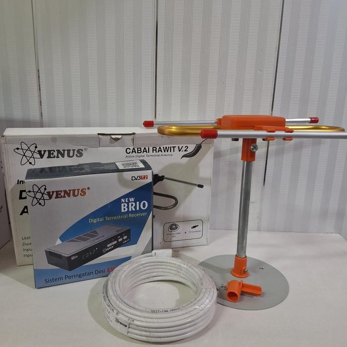 set top box dvbt2 venus new brio plus Paket antena venus cabe rawit+kabel 10meter