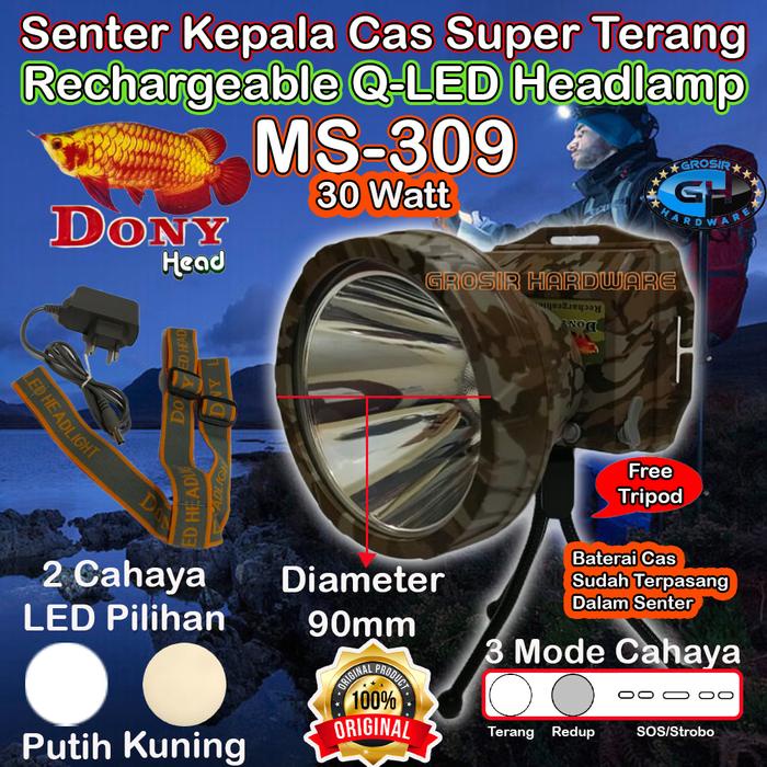 PROMO SENTER KEPALA DONY MS 309 ORIGINAL Q-LED SUPER TERANG RECHARGEABLE HEADLAMP TORCH