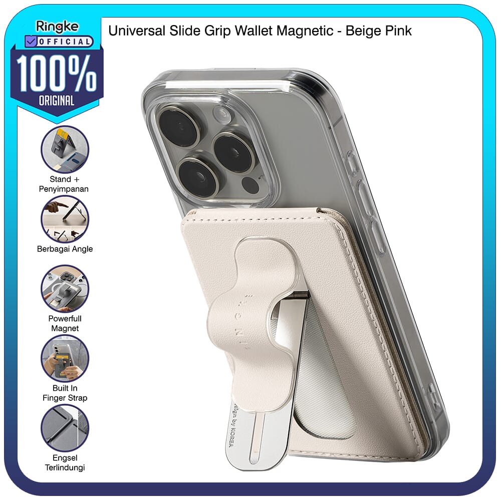 Ringke Slide Grip Wallet Magnetic Beige Pink Aksesoris Magsafe Magnet All in One / Grip Anti Slip / 