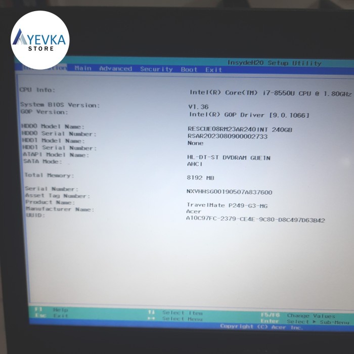 (YEV) Motherboard Acer TravelMate P249 Core I7 Gen 8  Nvidia MX130 Normal Tested Seken Original [ Ma