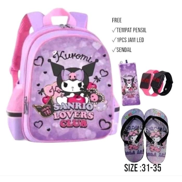 

STOK TERBATAS Tas Ransel 4in1 Ransel Kuromi Anak Sekolah SD TK+Jam LED+Sendal+Tempat Pensil
