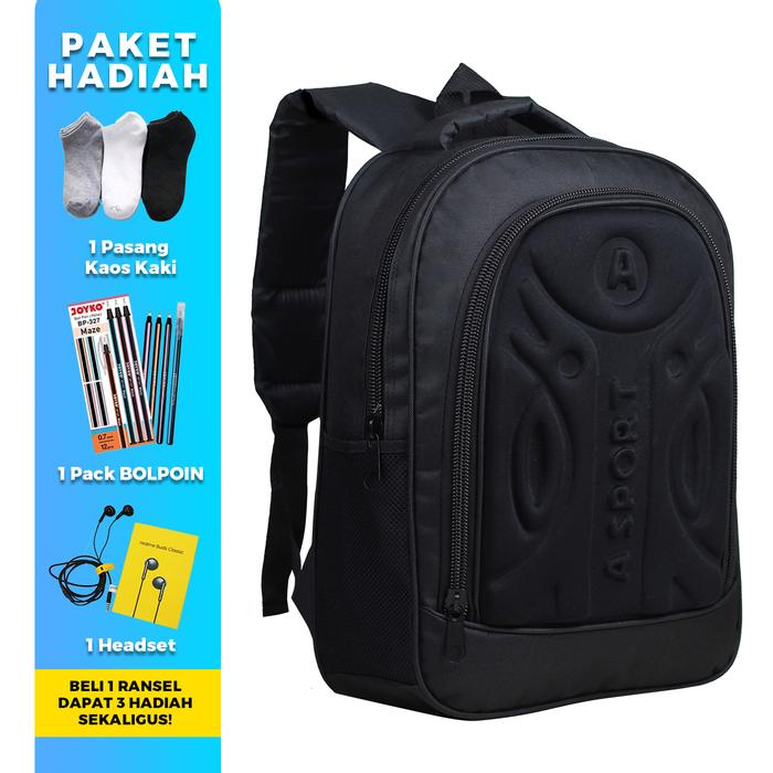 

BERMUTU Tas Anak Sekolah Laki-Laki Emboss A Sport Bonus Raincover Pulpen Kaos Kaki Headset Ransel
