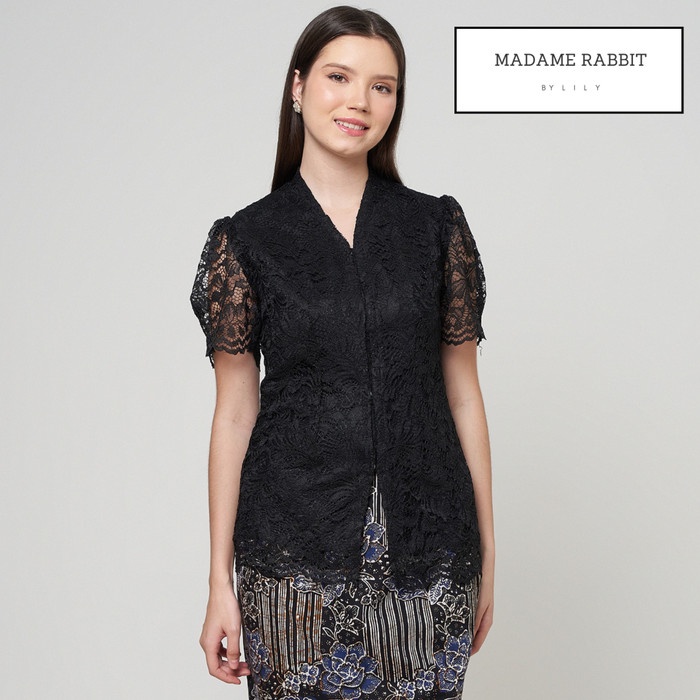 Blouse Kebaya Brokat Modern Madame Rabitt Puff Hitam Lengan Pendek