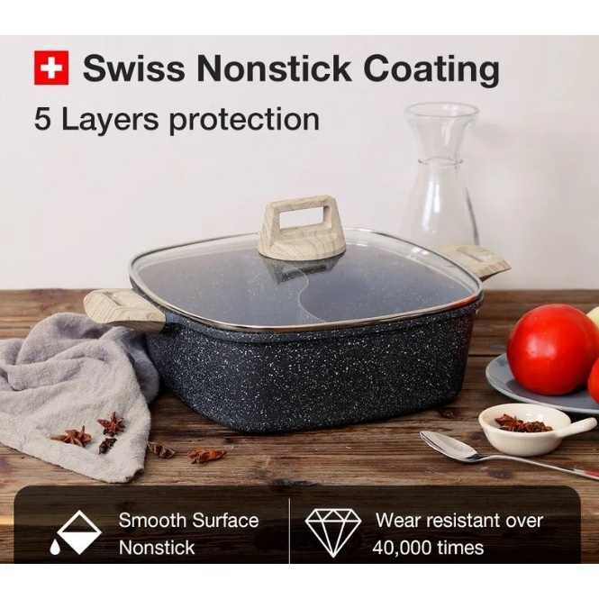 HOTPOT PANCI SABU SUKI 2 SEKAT ANTI LENGKET 28CM DENGAN TUTUP