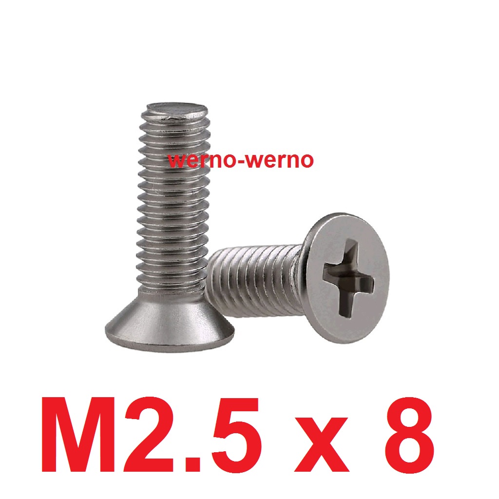 Baut JF M2.5x8 Flat Head Stainless 2.5mm x 8mm Verseng CSK M2.5*8 Screw SS304 Obeng Plus M2.5 Bolt