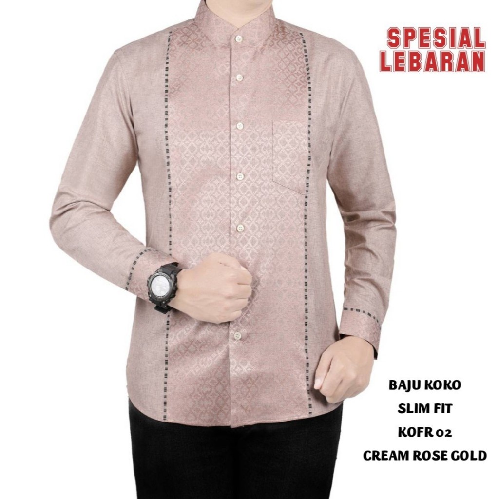 KODE H BAJU KOKO MUSLIM PRIA KEMEJA KOKO PRIA SLIM FIT LENGAN PANJANG FORTUN REMO KOFR 02 CREAM ROSE