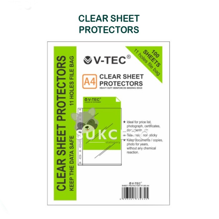 

Vtec Sheet Protector Clear A4 (100Sheet) Pelindung Kertas/File Kode 483