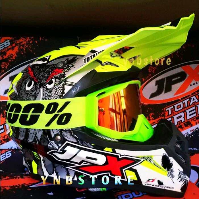 Helm JPX Cross Fox1 X13 Owl Burung Hantu Yellow Fluo + Kacamata Goggle Google 100% Persen