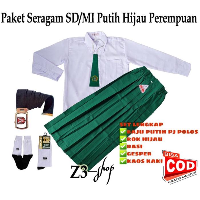 Setelan Seragam Sekolah Madrasah MI Putih Polos Rok Hijau Perempuan Lengan Panjang Kelas 1-6 Anak