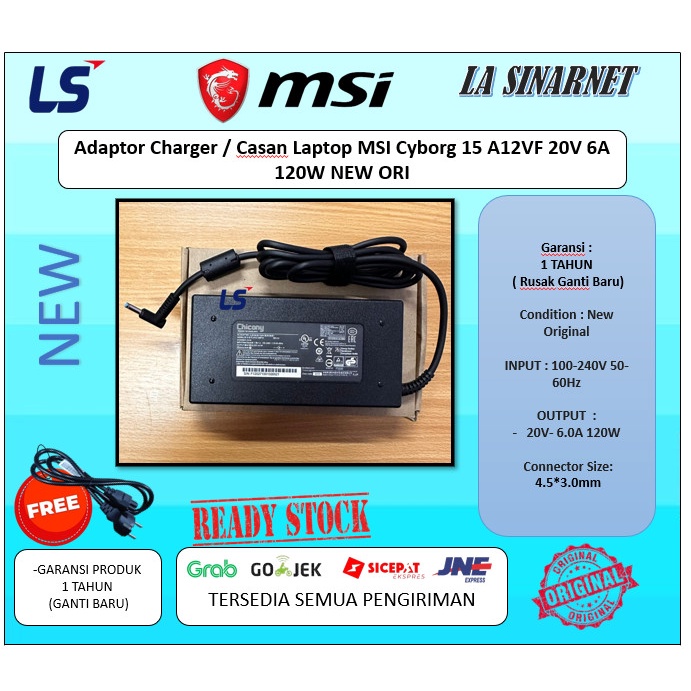 BISA GOSEND ADAPTOR CHARGER / CASAN LAPTOP MSI CYBORG 15 A12VF 20V 6A 120W NEW ORI KUALITAS TERBAIK