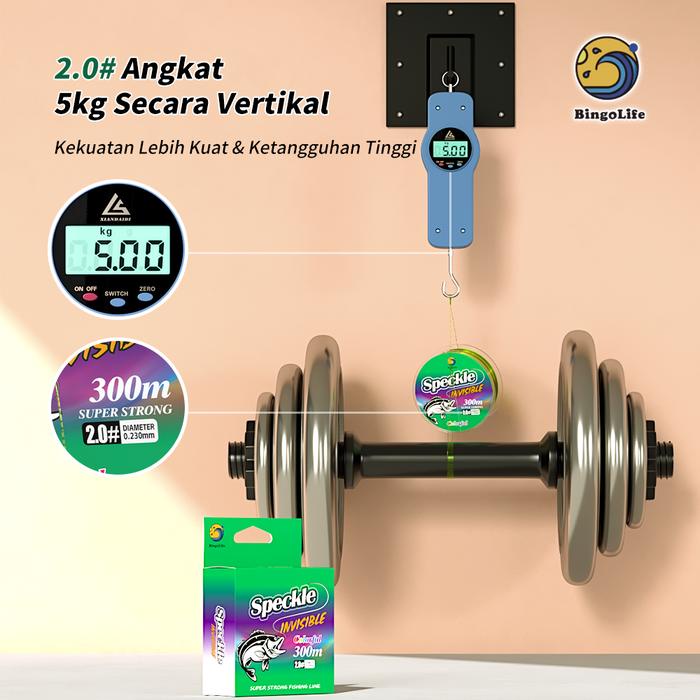 Bingolife Senar Pancing Nilon Berbintik Warna Tak Terlihat 300M Senar Speckle Bunglon Tali Pancing