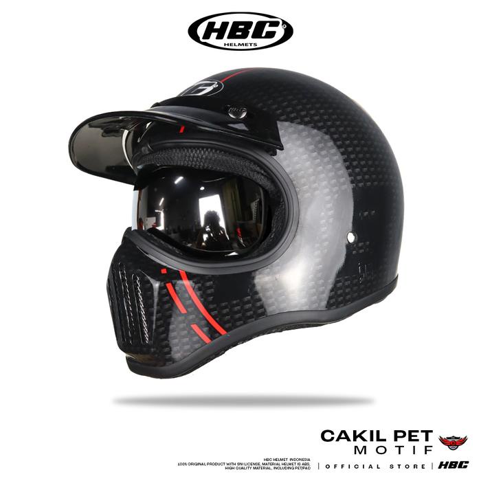 Helm HBC Cakil Pet Inner Visor MOTIF CARBON Helm Retro Full Face SNI
