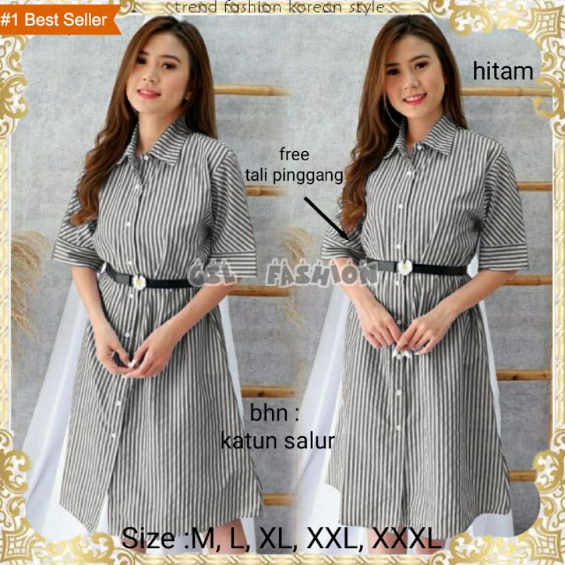 GSL Baju Kemeja Wanita Panjang Casual Lengan Pendek Atasan Tunik Dress Cewek Salur Korea Lengan