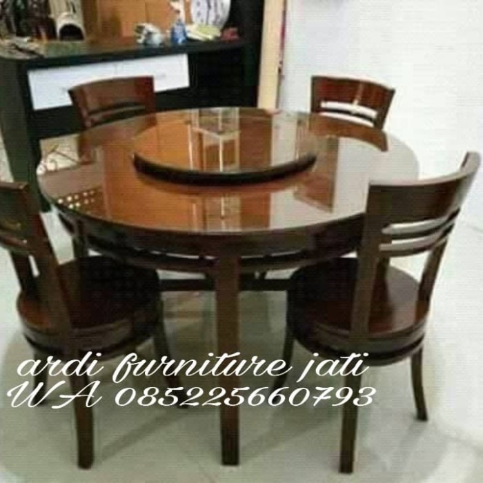 PREMIUM Meja kursi makan bundar bisa putar + 4 kursi kayu jati jepara