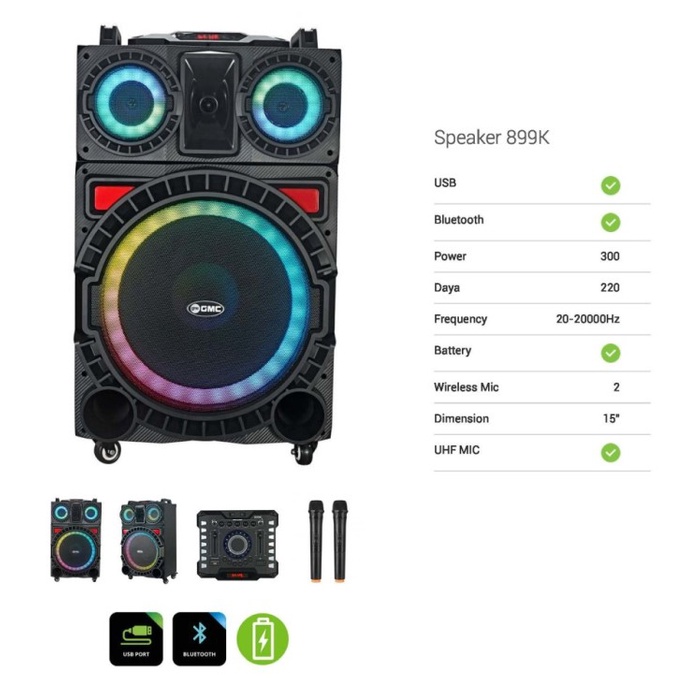 SPEAKER GMC 899K BT 15inch + 2 MIC WIRELESS