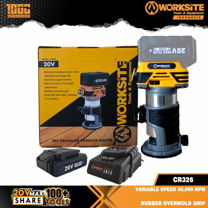TRIMMER CORDLESS BRUSHLESS ROUTER PROFIL KAYU WORKSITE CR326