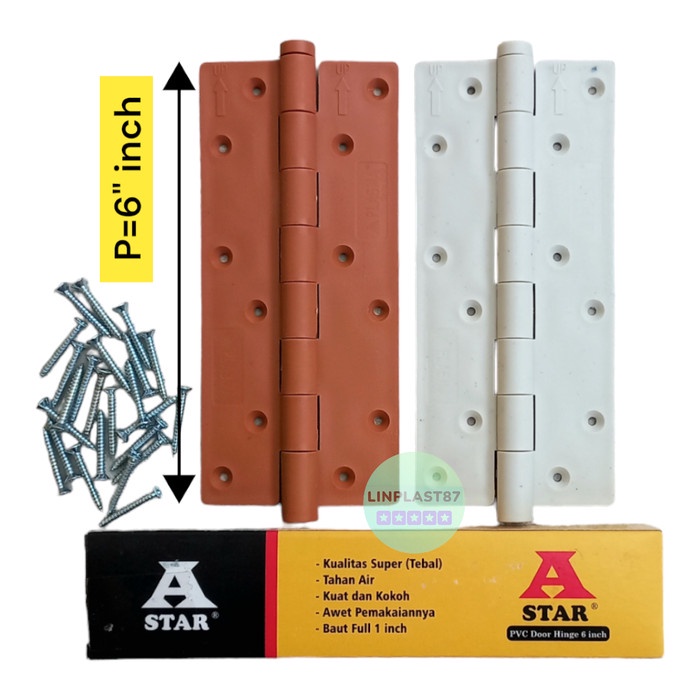 PROMO ENGSEL A-STAR PLASTIK PVC UK PANJANG 6"INCH ENGSEL PINTU KAMAR MANDI TEBAL