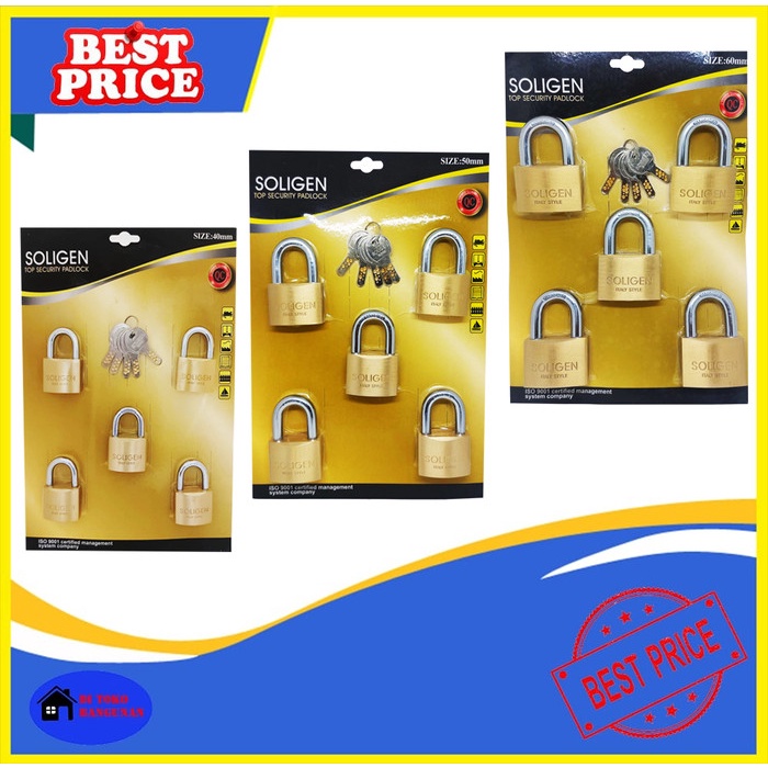 Gembok Master Key SOLIGEN 5 pcs Kuningan 40 50 60 mm
