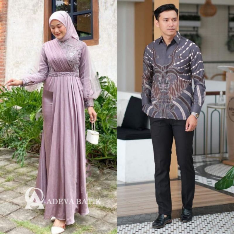 Batik Couple Gamis Brokat Terbaru Couple Kondangan Couple Tunangan Modern Jumbo,Dress Brokat Couple