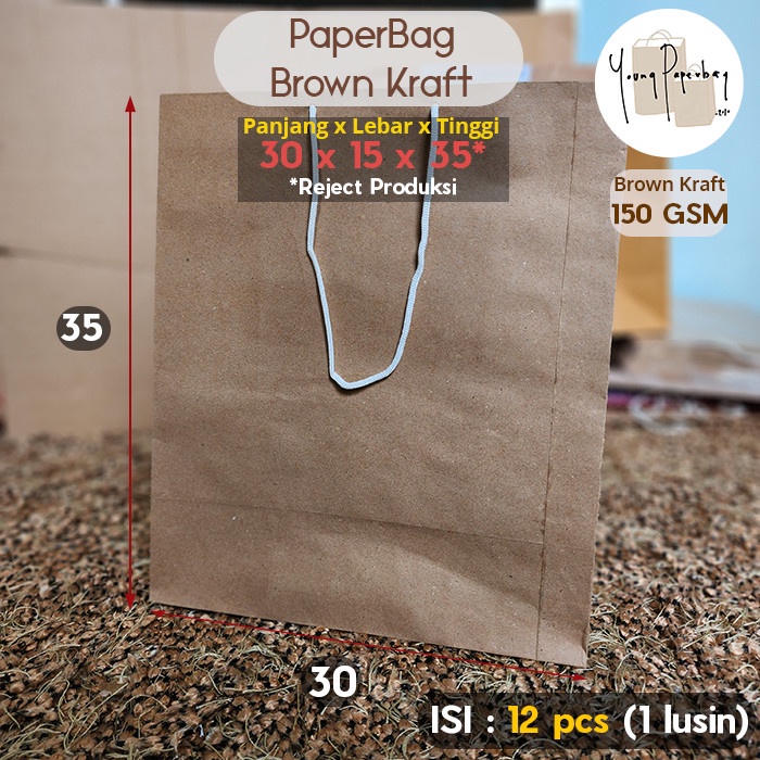 Pvc Paper Bag/Tas Kertas Murah Polos Kraft Coklat 30 X 15 X 35 Rjk