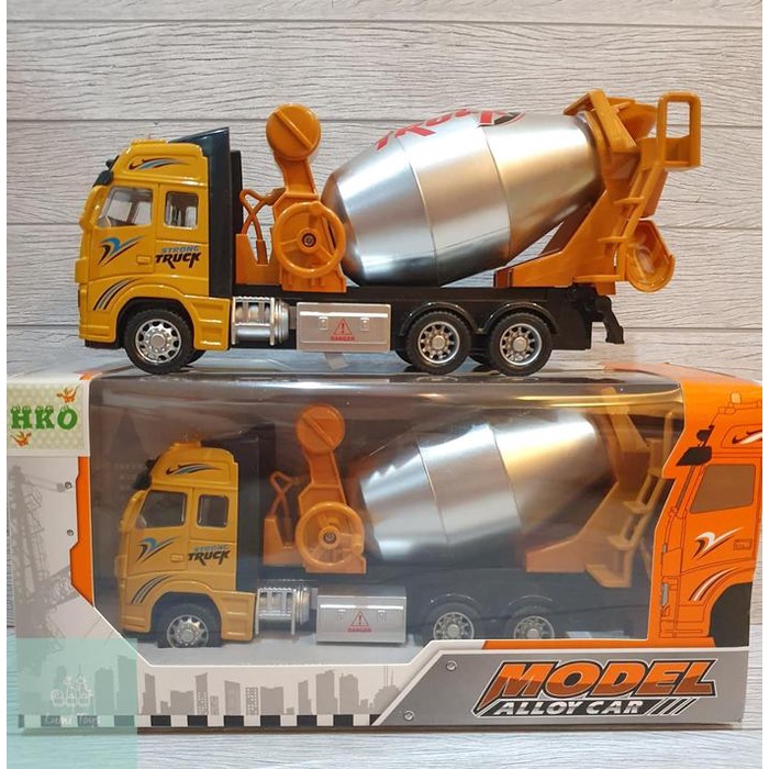 ready stok mainan diecast truk konstruksi molen mixer pull back metal truck 848 lampu mobil original