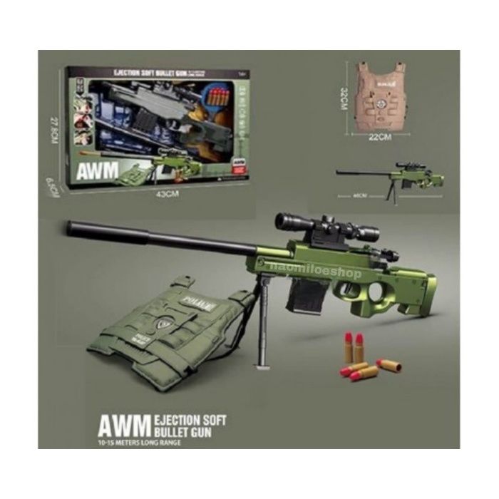 ready stok awm sniper series mainan tembakan pull plug cast shell mainan pistol dan baju tentara