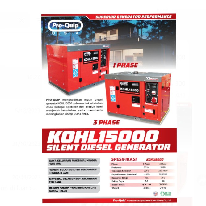 *****] Genset Silent Proquip KOHL 15000 / KOHL 15.000 Proquip USA 10rb watt