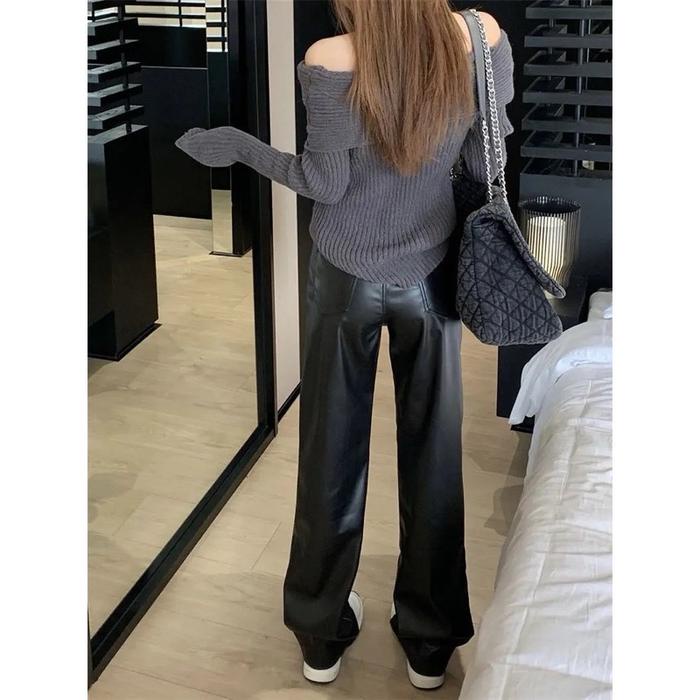 PRODUK TERBATAS Celana Kulit Pu Hitam Wanita 2024 Celana Panjang Lebar Lurus Pinggang Tinggi Musim