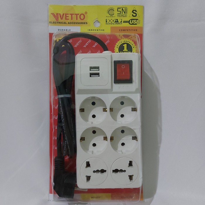 BEBAS ONGKIR - Stop Kontak Segi 4 lubang + 2 USB + 2 Colokan kaki 3 +Kabel 1,5m VETTO