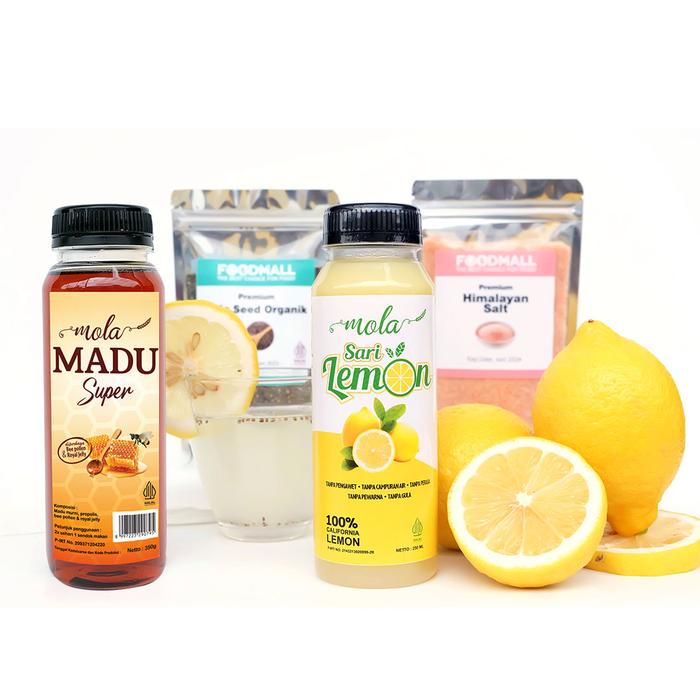 

PAKET KOMPLIT 4 IN 1 SARI LEMON 250ML + MADU 350GR + GARAM HIMALAYA 100GR + CHIA SEED 100GR PROMO