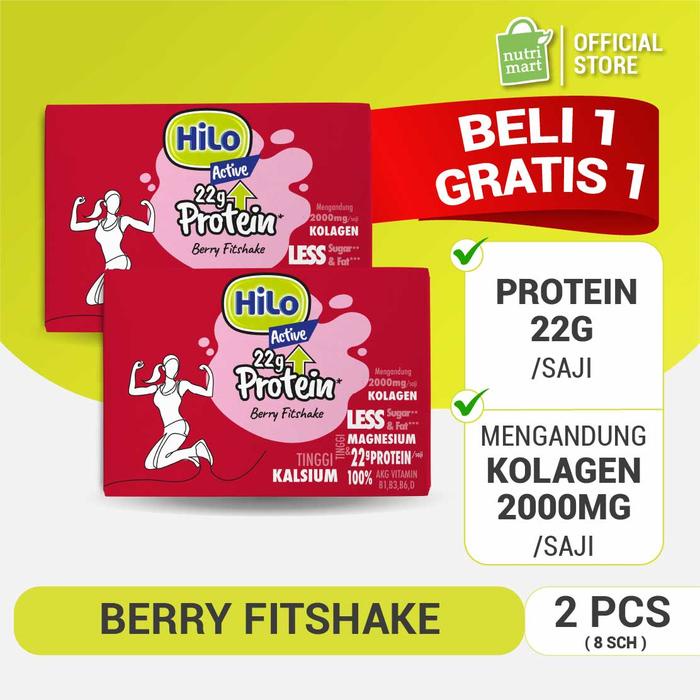 

terbaru !!! twin pack - hilo active 22g protein berry fitshake 8 sch susu tinggi whey protein