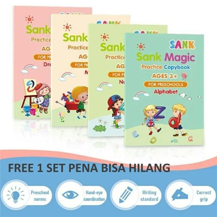 

JTTOP" 4 BUKU PENA /SET MAGIC PRACTICE BOOK / SANK MAGIC BOOK / BELAJAR ALFABET LUKISAN ARITMATIKA