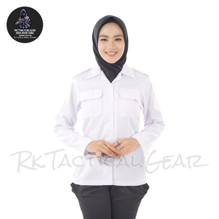 KEMEJA PUTIH PNS WANITA - BAJU PDH PUTIH KERAH V - NECK WANITA - SERAGAM KEMEJA KERJA WANITA