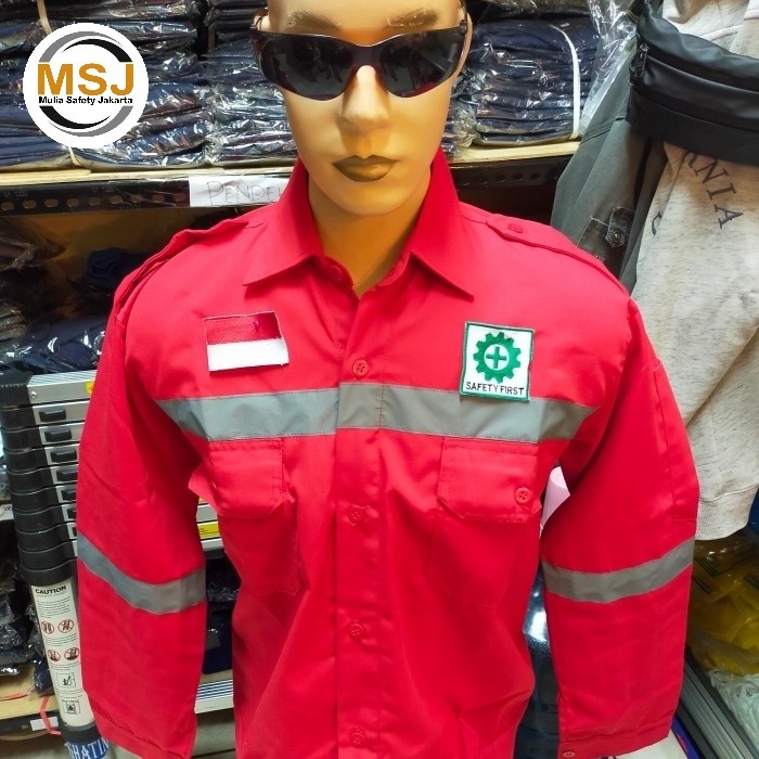 baju seragam kerja safety merah / baju atasan kerja safety+ logo k3