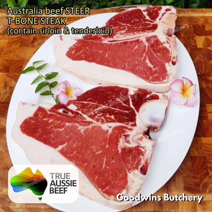 

DISKON T BONE STEAK PORTERHOUSE AUSTRALIA IMPORTED BEEF STEER (YOUNG CATTLE) FROZEN TBONE 550 GR/PC