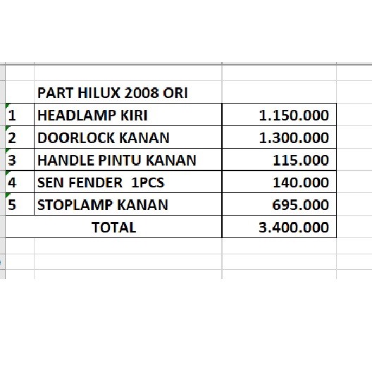 Paket Part Hilux 2008 Ori