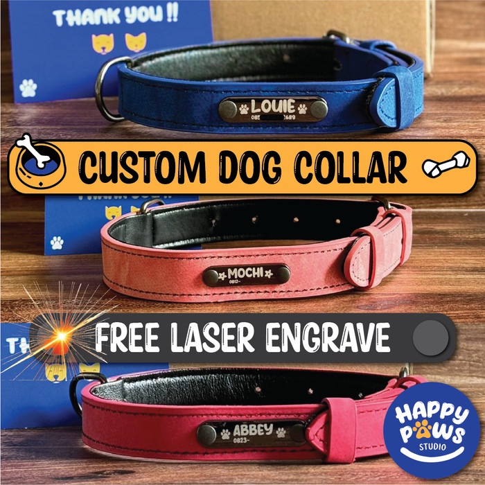 Premium Leather Collar Kalung Anjing Kulit Custom Nama