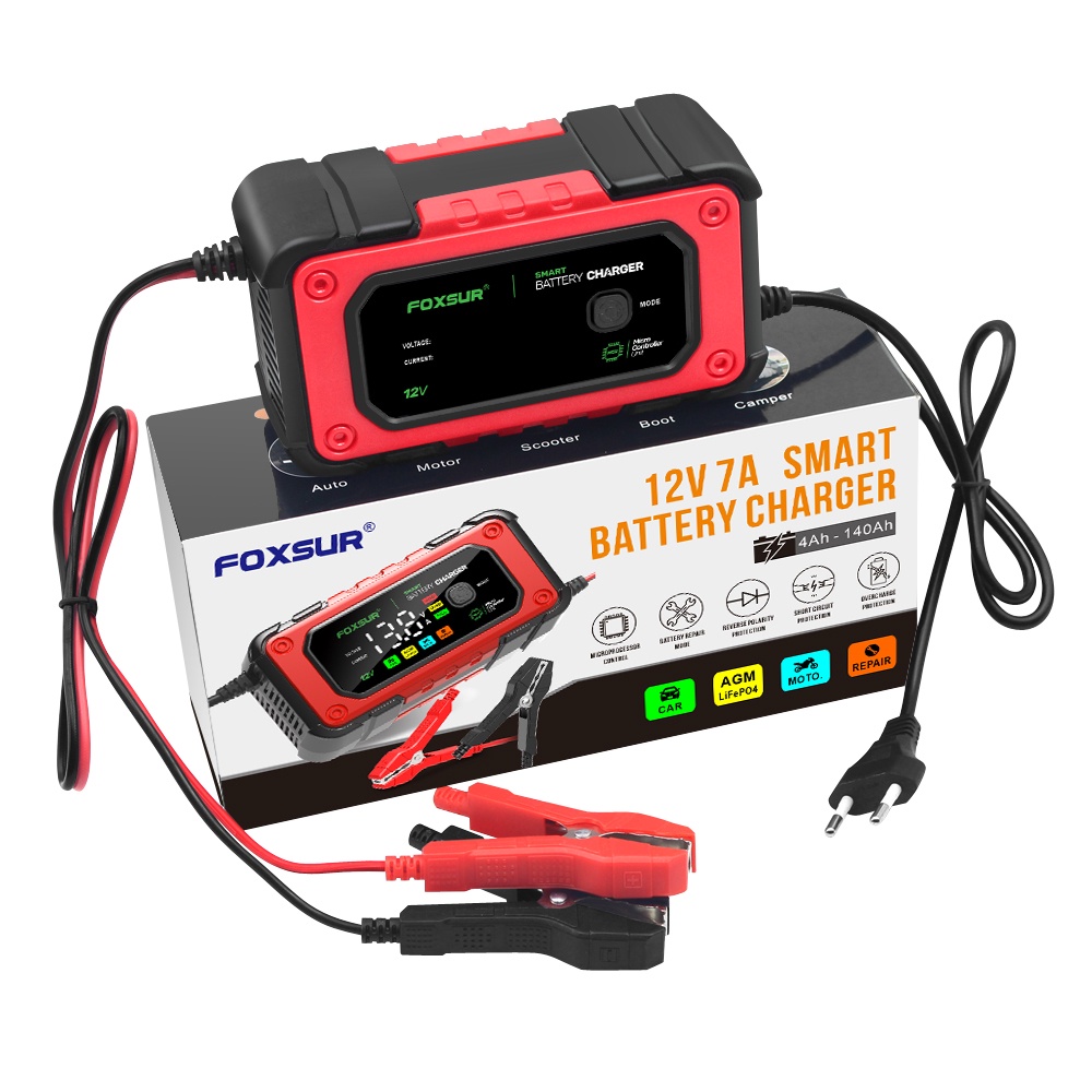 FOXSUR 7A car battery charger 12V motorcycle charger large screen color display battery repair charg