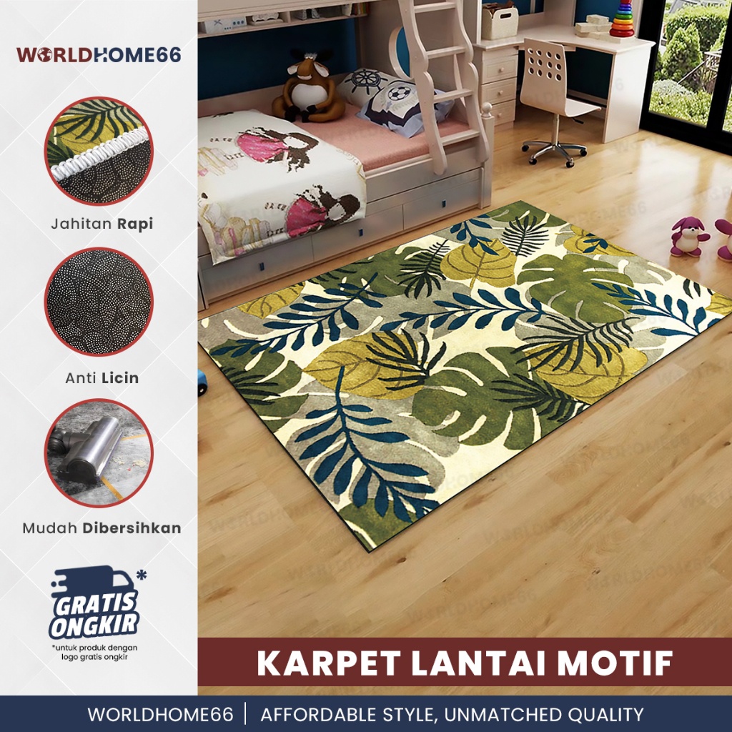 Karpet Permadani Motif Daun Hijau Karpet Lantai Karpet Ruang Tamu Anti Slip Anti Air