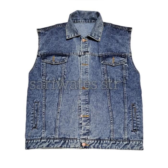 Rompi Jumbo Pria Wanita Vest Bigsize Jaket Jeans Tanpa Lengan Sandwash Blue Xxl Xxxl Xxxxl Xxxxxl