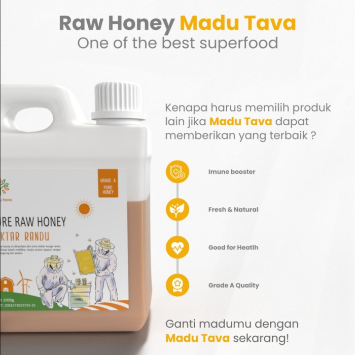 

BARANG TERLARIS Madu Murni Asli Tava 1kg Nektar Bunga 100% Pure Raw Honey Sarang Alami