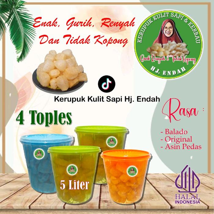 

kerupuk kulit 5 ltr 4 toples hj endah, snack cemilan gurih renyah Keripik sapi