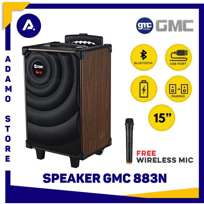 Speaker GMC 883N Bluetooth Karaoke Portable Active Speaker 15 Inch Free Wireless Mic