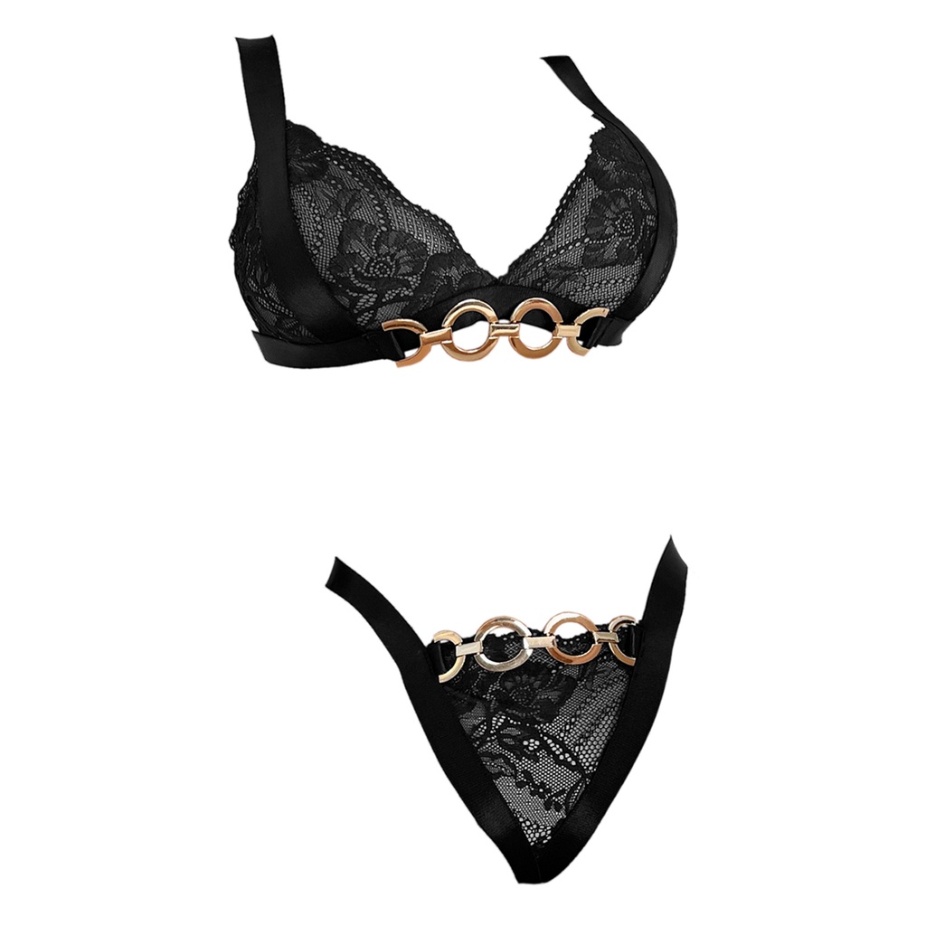 B371 Bra Set Seksi Bikini Bralette Hitam Transparan Dengan Rantai Gold