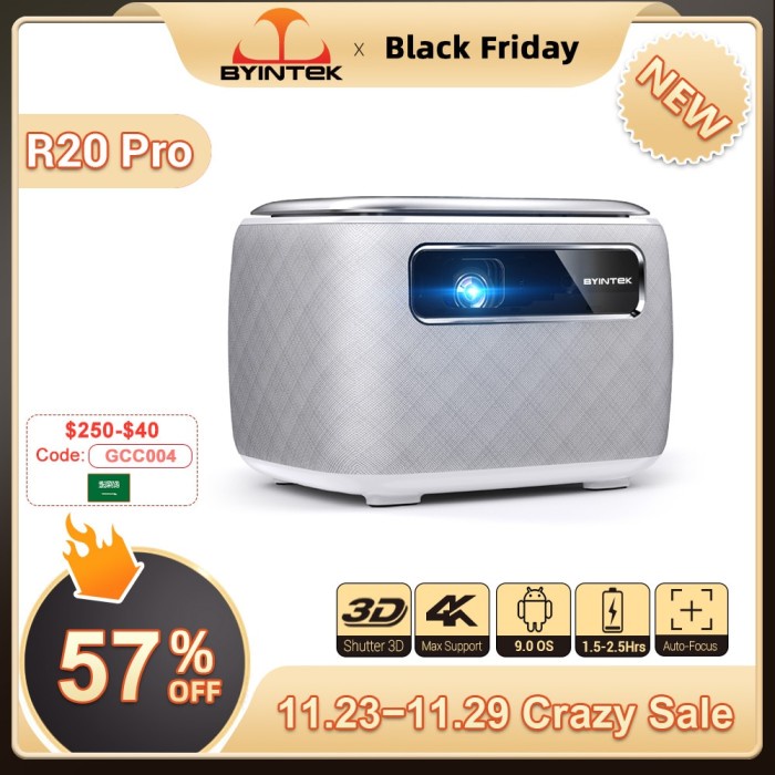 BYINTEK R20 Pro 3D 4K 300inch Cinema AI Auto Focus Smart Android WiFi