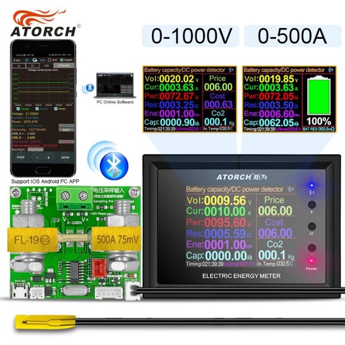 TERMURAH DC 0-1000V 0-500A VOLT AMPERE POWER KWH ENERGY METER DENGAN BLUETOOTH BERKUALITAS