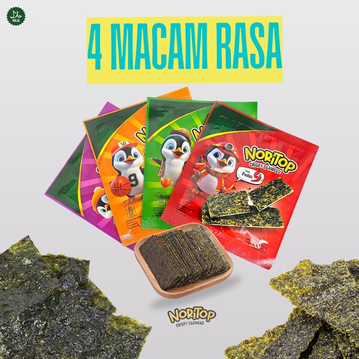 

Noritop Crispy Seaweed Rumput Laut Halal Nori Crispy ada 4 varian rasa mix Isi 30 PCS Cemilan santai