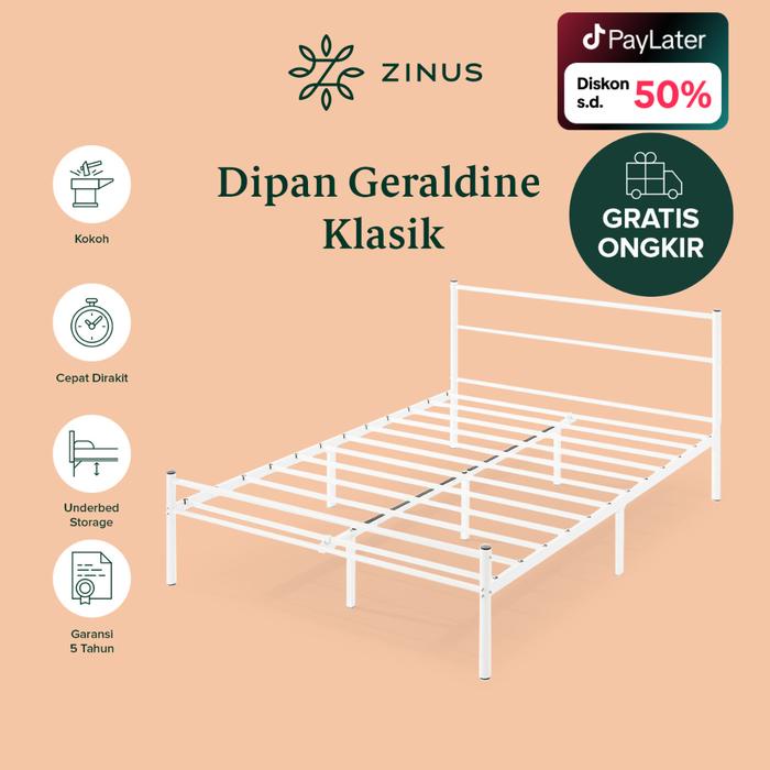Zinus Tempat Tidur Ranjang Besi Geraldine / Warna Putih / Dengan Sandaran / Easy Assembly / Tinggi