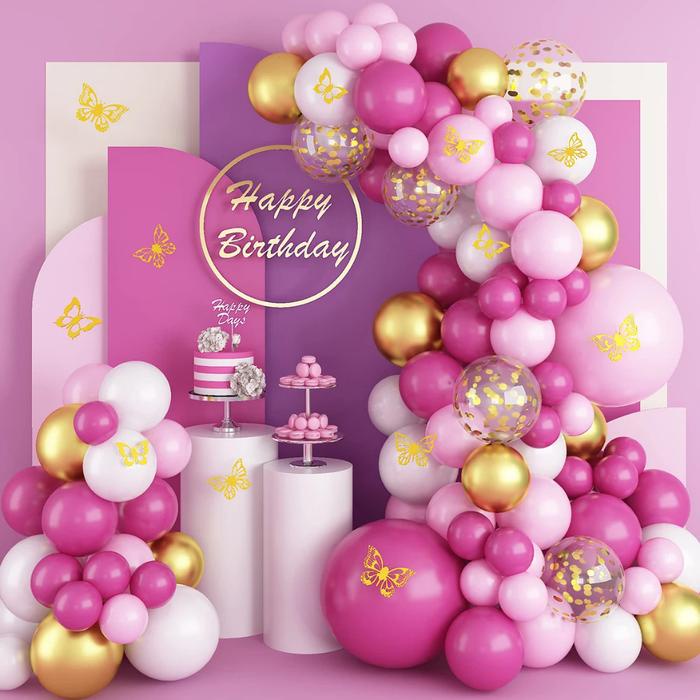 91 Pcs Set Garland Balon Latex / Paket Dekorasi Tema Pink / Party Balon Set Garland 02 Png Pu Gold