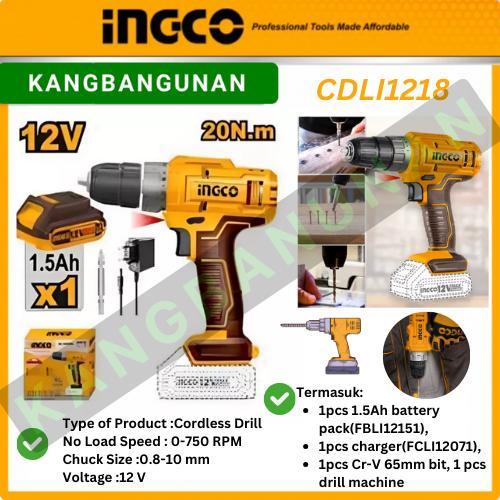 MESIN BOR CORDLESS DRILL INGCO 12V BSC (1B&1C) CDLI1218 BESI KAYU